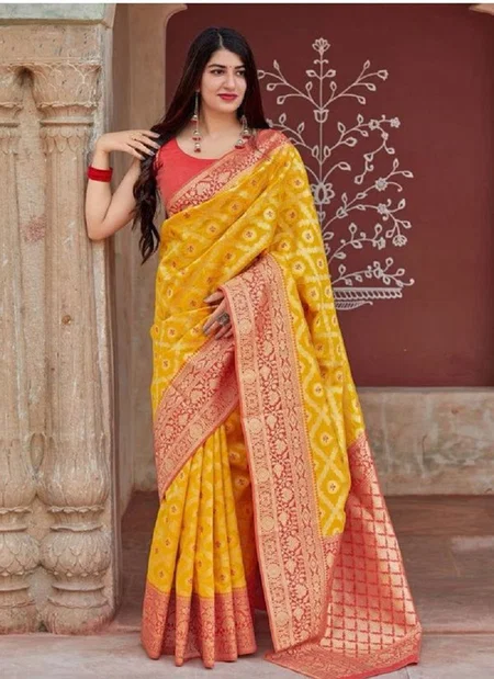 Yellow Colour Soft Silk 6014 Lichi Soft Silk Jacquard Work Festival Wear Saree Wholesale In India